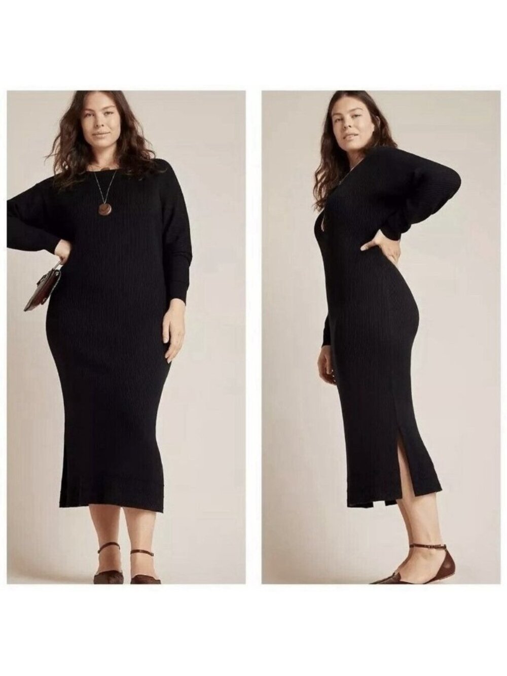 Anthropologie Shea Ribbed Rib Knit Sweater Midi Dress Black Boat Neck Sz L